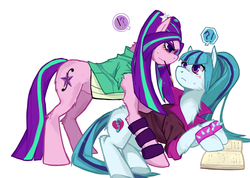 Size: 2386x1697 | Tagged: safe, artist:hisshi shoujo, aria blaze, sonata dusk, pony, g4, book, clothes, duo, equestria girls ponified, exclamation point, female, interrobang, lesbian, looking at each other, looking at someone, pixiv, pocky, ponified, question mark, ship:arisona, shipping, simple background, spiked wristband, white background, wristband