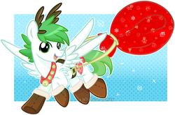 Size: 1024x677 | Tagged: safe, artist:xwhitedreamsx, oc, oc only, pegasus, pony, reindeer, bag, bell, bell collar, christmas, clothes, collar, flying, jingle bells, male, shoes, stallion