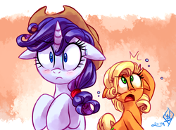 Size: 1150x850 | Tagged: safe, artist:whitediamonds, applejack, rarity, earth pony, pony, unicorn, rarijack daily, g4, accessory swap, alternate hairstyle, applejack's hat, blushing, cowboy hat, cute, duo, duo female, eyebrows, eyebrows visible through hair, female, floppy ears, freckles, hat, horn, jackabetes, lesbian, mane swap, mare, open mouth, rarity hair, ship:rarijack, shipping, sweat