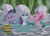 Size: 3968x2834 | Tagged: safe, artist:bluse, pinkie pie, rarity, twilight sparkle, earth pony, pony, unicorn, g4, :c, blushing, cute, eyes closed, female, frown, grumpy, high res, hot springs, mare, open mouth, rarity is not amused, show accurate, smiling, splashing, towel, towel on head, trio, unamused, unicorn twilight, wet