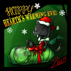 Size: 768x768 | Tagged: safe, artist:zoarvek, changeling, pony, christmas, christmas changeling, cocoon, hat, hearth's warming, present, ribbon, santa hat, scared, smiling, snow, snowflake, trapped