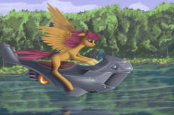 Size: 4970x3284 | Tagged: dead source, safe, artist:f13proxima, scootaloo, pony, g4, drunk, female, forest, hoverbike, solo, tree, water