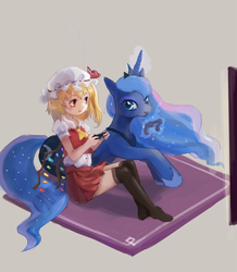 Size: 1000x1146 | Tagged: safe, artist:looooofa, princess luna, gamer luna, g4, controller, crossover, duo, flandre scarlet, pixiv, simple background, television, touhou