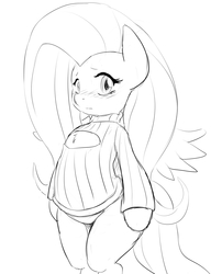 Size: 1943x2400 | Tagged: safe, artist:vulapa, fluttershy, pony, g4, bipedal, boob window, bottomless, chest fluff, clothes, cute, female, keyhole turtleneck, monochrome, open-chest sweater, partial nudity, sketch, solo, sweater, sweatershy, turtleneck, wide hips