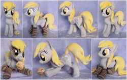 Size: 2002x1260 | Tagged: safe, artist:buttercupbabyppg, derpy hooves, pegasus, pony, g4, clothes, female, irl, mare, mouth hold, muffin, photo, plushie, prone, sitting, socks, solo
