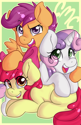 Size: 3850x5950 | Tagged: safe, artist:annakitsun3, apple bloom, scootaloo, sweetie belle, earth pony, pegasus, pony, unicorn, g4, abstract background, apple bloom's bow, blank flank, bow, cutie mark crusaders, female, filly, foal, hair bow, open mouth, pony pile, smiling, spread wings, wings