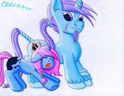 Size: 3284x2530 | Tagged: safe, artist:the1king, oc, oc only, oc:azure night, oc:seline, azuna, father and daughter, high res, offspring, parent:oc:azure night, parent:princess luna, parents:azuna, parents:canon x oc, stretching, traditional art, yawn