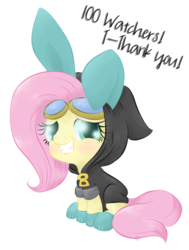 Size: 510x675 | Tagged: safe, artist:avelineh, fluttershy, pegasus, pony, g4, blushing, bunny ears, clothes, costume, cute, dangerous mission outfit, female, goggles, hoodie, looking at you, mare, simple background, smiling, solo, white background