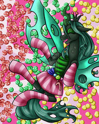 Size: 2000x2500 | Tagged: safe, artist:secretsheik, queen chrysalis, changeling, changeling queen, g4, candy, clothes, crown, eyes closed, fangs, female, high res, jewelry, regalia, skirt, smiling, socks, solo, striped socks