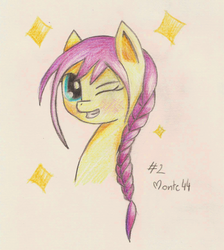 Size: 600x670 | Tagged: safe, artist:monte44, fluttershy, g4, alternate hairstyle, braid, female, portrait, solo, traditional art, wink