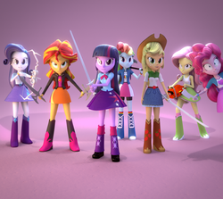 Size: 1011x901 | Tagged: safe, artist:creatorofpony, artist:marcelinedude364, applejack, fluttershy, pinkie pie, rainbow dash, rarity, sunset shimmer, twilight sparkle, human, equestria girls, g4, 3d, archery, arrow, axe, badass, boots, bow (weapon), bow and arrow, butcher knife, chainsaw, cleaver, clothes, cowboy boots, dual wield, flutterbadass, grin, happy, humane five, humane seven, humane six, katana, one of these things is not like the others, rainbow socks, shoes, smiling, smirk, socks, striped socks, sword, twilight sparkle (alicorn), weapon