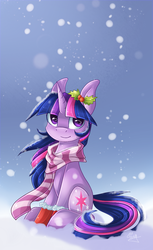 Size: 569x929 | Tagged: safe, artist:snowsky-s, twilight sparkle, pony, unicorn, g4, clothes, cute, female, mare, scarf, snow, snowfall, socks, solo