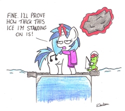 Size: 1780x1573 | Tagged: safe, artist:bobthedalek, dj pon-3, vinyl scratch, gnome, pony, unicorn, g4, backwards cutie mark, clothes, ice, impending doom, pond, rock, scarf, snow, this will end in frozen tears, this will end in hypothermia, this will end in tears, this will end in tears and/or death, too dumb to live, traditional art