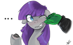 Size: 1112x686 | Tagged: safe, artist:mrscurlystyles, boulder (g4), maud pie, oc, oc:anon, human, pony, g4, ..., bust, cheek pinch, cheeks, clothes, colored pupils, cute, disembodied arm, disembodied hand, female, floppy ears, hand, male, offscreen character, one eye closed, portrait, simple background, underhoof, white background