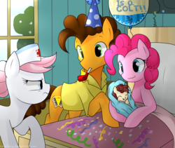 Size: 1040x877 | Tagged: safe, artist:hikariviny, cheese sandwich, nurse redheart, pinkie pie, oc, pony, annoyed, baby, baby pony, balloon, bed, blanket, cheesepie, clothes, colt, confetti, confused, cute, daaaaaaaaaaaw, diacheeses, diapinkes, female, foal, glare, grumpy, hat, hilarious in hindsight, hnnng, hospital, male, mare, newborn, nose wrinkle, offspring, parent:cheese sandwich, parent:pinkie pie, parents:cheesepie, party hat, party horn, pillow, scrunchy face, shipping, shirt, smiling, son, straight, tree, unamused, wavy mouth, window