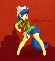 Size: 2000x2214 | Tagged: safe, artist:hidden-cat, fiddlesticks, anthro, g4, apple family member, bow (instrument), clothes, cotton eyed joe, female, fiddle, high res, musical instrument, playing, shorts, solo