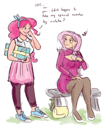 Size: 803x1000 | Tagged: safe, artist:king-kakapo, fluttershy, pinkie pie, human, g4, bag, bench, blushing, boob window, cleavage, clothes, converse, embarrassed, female, humanized, keyhole turtleneck, laughing, leggings, open-chest sweater, pantyhose, present, shirt, sketch, skirt, sneakers, sweater, sweatershy, turtleneck