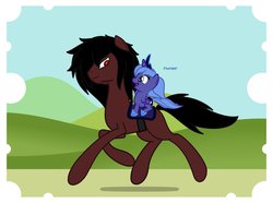 Size: 1035x772 | Tagged: safe, artist:ardonsword, princess luna, alicorn, pony, g4, alucard, crossover, cute, filly, foal, hellsing, ponies riding ponies, ponified, riding, s1 luna, woona