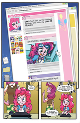 Size: 630x969 | Tagged: safe, idw, applejack, babs seed, cheerilee, fluttershy, maud pie, mr. turnip, pinkie pie, rainbow dash, rarity, sir lintsalot, sunflower (g4), sunset shimmer, equestria girls, g4, spoiler:comic, spoiler:comicholiday2014, canterlot high, comic, computer, idw advertisement, implied maud pie, indoors, library, mystable