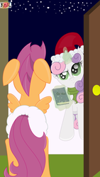 Size: 1024x1821 | Tagged: safe, artist:the-crusader-network, scootaloo, sweetie belle, pegasus, pony, unicorn, g4, book, christmas, diaper, diaper fetish, female, hearth's warming eve, levitation, magic, non-baby in diaper, telekinesis