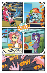 Size: 630x969 | Tagged: safe, idw, fluttershy, heath burns, pinkie pie, rainbow dash, rarity, bird, equestria girls, g4, spoiler:comicholiday2014, balloon, boots, bracelet, classroom, clothes, high heel boots, idw advertisement, iphone, jewelry, keyboard, library, lockers, phone, skirt, smartphone, typing