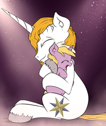 Size: 1676x1983 | Tagged: safe, artist:neko-me, dinky hooves, prince blueblood, pony, unicorn, fanfic:where is my love?, g4, crying, cute, eyes closed, fanfic, fanfic art, father, father and daughter, feels, female, filly, foal, hug, offspring, open mouth, parent:derpy hooves, parent:prince blueblood, parents:derpblood, sitting, smiling, unshorn fetlocks