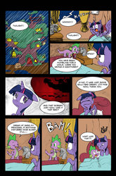 Size: 727x1099 | Tagged: safe, artist:leon-z, lord tirek, spike, twilight sparkle, alicorn, pony, comic:returns endings & beginnings, g4, bed, comic, female, golden oaks library, mare, rain, twilight sparkle (alicorn)