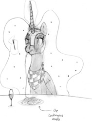 Size: 1280x1691 | Tagged: safe, artist:azurek, nightmare moon, g4, eating, female, food, fork, magic, monochrome, solo, spaghetti, telekinesis, traditional art