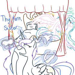 Size: 800x800 | Tagged: safe, artist:wryte, princess celestia, princess luna, g4, bed, bed hair, bed mane, crown, drapes, lineart, morning, newbie artist training grounds, sleep mask, stretching, text, yawn