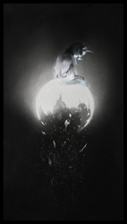 Size: 1830x3230 | Tagged: safe, artist:ventious, part of a set, princess luna, alicorn, pony, g4, both cutie marks, dark, eyes closed, female, filly, moon, s1 luna, sad, shattered glass, sitting, solo, surreal, tangible heavenly object, woona, younger