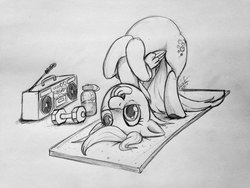 Size: 600x450 | Tagged: safe, artist:zene, derpy hooves, pegasus, pony, g4, backbend, female, flexible, grayscale, mare, monochrome, solo, tongue out, traditional art, yoga