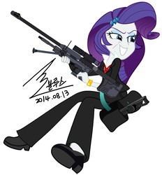 Size: 900x971 | Tagged: safe, artist:bluse, rarity, equestria girls, g4, background removed, clothes, female, grin, gun, halo, necktie, optical sight, rifle, scar, scope, shoes, show accurate, signature, simple background, smiling, sniper rifle, solo, suit, teeth, weapon, white background
