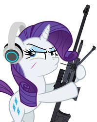 Size: 900x1131 | Tagged: safe, artist:bluse, rarity, pony, unicorn, g4, background removed, bipedal, cutie mark, female, gun, headphones, hooves, horn, mare, optical sight, rifle, scar, show accurate, signature, simple background, sniper rifle, solo, weapon, white background