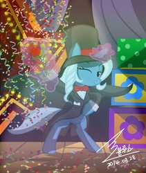 Size: 1200x1424 | Tagged: safe, artist:bluse, trixie, pony, unicorn, g4, clothes, female, magic, mare, rose, show accurate, solo, tuxedo, wink