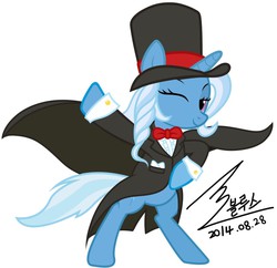 Size: 900x872 | Tagged: safe, artist:bluse, trixie, pony, unicorn, g4, background removed, clothes, female, hat, magic, mare, show accurate, signature, simple background, solo, top hat, tuxedo, white background, wink