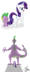 Size: 900x2127 | Tagged: safe, artist:bluse, rarity, spike, dragon, pony, unicorn, g4, female, male, older, prehensile tail, ship:sparity, shipping, show accurate, simple background, spikezilla, straight, tail, tail hold, white background