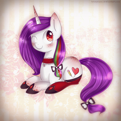 Size: 850x850 | Tagged: safe, artist:nao-shii, oc, oc only, oc:reverie, pony, unicorn, blushing, bow, clothes, cute, heart, one eye closed, prone, red eyes, shoes, solo, stockings, wink
