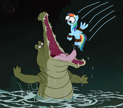 Size: 1227x1080 | Tagged: safe, rainbow dash, crocodile, pegasus, pony, g4, 1000 years in photoshop, copy and paste, crossover, disney, female, imminent vore, mare, peter pan, this will end in death, this will end in tears, this will end in tears and/or death, tick-tock, tied up