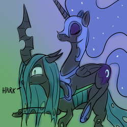 Size: 1000x1000 | Tagged: safe, artist:azurek, nightmare moon, queen chrysalis, g4, nightmare moon riding chrysalis, ponies riding changelings, ponies riding ponies, riding