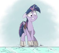 Size: 1200x1071 | Tagged: safe, artist:ncmares, twilight sparkle, alicorn, pony, g4, bound wings, cracked, female, gritted teeth, ice, ice skates, ice skating, mare, rope, scared, solo, this will end in tears, twilight sparkle (alicorn), wide eyes, wings