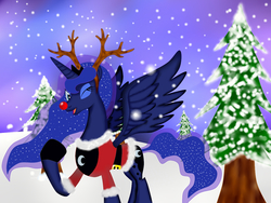 Size: 1280x960 | Tagged: safe, artist:ljw9310, princess luna, alicorn, pony, reindeer, g4, christmas, clothes, costume, female, reindeer antlers, snow, snowfall, solo, wink