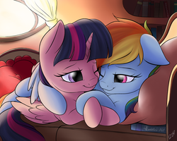 Size: 2500x2000 | Tagged: safe, artist:nobody47, rainbow dash, twilight sparkle, alicorn, pony, g4, adorkable, bed, book, cuddling, cute, dork, duo, duo female, female, high res, hug, lesbian, mare, pillow, ship:twidash, shipping, snuggling, twilight sparkle (alicorn), wink