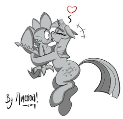 Size: 906x881 | Tagged: safe, artist:bylisboa, spike, twilight sparkle, dragon, pony, unicorn, g4, cute, ears back, eyes closed, female, floppy ears, grayscale, heart, hug, kiss on the lips, kissing, male, mare, monochrome, ship:twispike, shipping, simple background, something else also rises, spikelove, straight, tailboner, unicorn twilight, white background