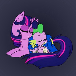 Size: 600x600 | Tagged: safe, artist:voiceless, spike, twilight sparkle, dragon, pony, unicorn, g4, blanket, cute, eyes closed, female, mama twilight, mare, nuzzling, prone, sleeping, sleeping together, smiling, spikelove, unicorn twilight