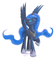 Size: 1024x1068 | Tagged: safe, artist:glacialfalls, princess luna, g4, female, raised hoof, simple background, solo, spread wings, transparent background