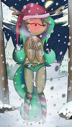 Size: 3456x6048 | Tagged: dead source, safe, artist:zacproductions, oc, oc only, oc:glimmering springs, anthro, aquabats, christmas, clothes, constellation, deadmau5, easter, easter egg, hot chocolate, littlebigplanet, over the garden wall, panties, pine tree, ribbon, snow, snowfall, socks, steam, sweater, tree, underwear, winter