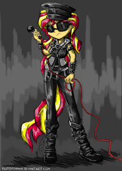 Size: 781x1100 | Tagged: safe, artist:flutterthrash, sunset shimmer, equestria girls, g4, my little pony equestria girls: rainbow rocks, heavy metal, judas priest, leather, metal, metal as fuck, microphone, punkset shimmer, rob halford, rock (music), solo, spiked wristband, spikes, wristband