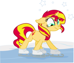 Size: 800x684 | Tagged: safe, artist:seahawk270, sunset shimmer, pony, unicorn, season 1, winter wrap up, character swap, circling stars, derp, dizzy, female, ice, ice skates, ice skating, mare, newbie artist training grounds, skates, smiling, solo, stars, vector, wavy mouth
