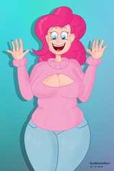 Size: 3880x5800 | Tagged: safe, artist:scobionicle99, pinkie pie, human, g4, boob window, breasts, busty pinkie pie, clothes, female, humanized, keyhole turtleneck, open-chest sweater, plump, sweater, turtleneck