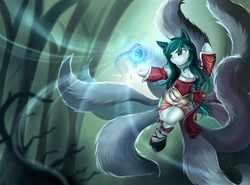 Size: 3038x2251 | Tagged: safe, artist:pridark, oc, oc only, oc:ambient waves, earth pony, fox, fox pony, hybrid, kitsune, kitsune pony, original species, pony, unicorn, semi-anthro, ahri, arm hooves, floating, high res, league of legends, ponified, solo, whisker markings